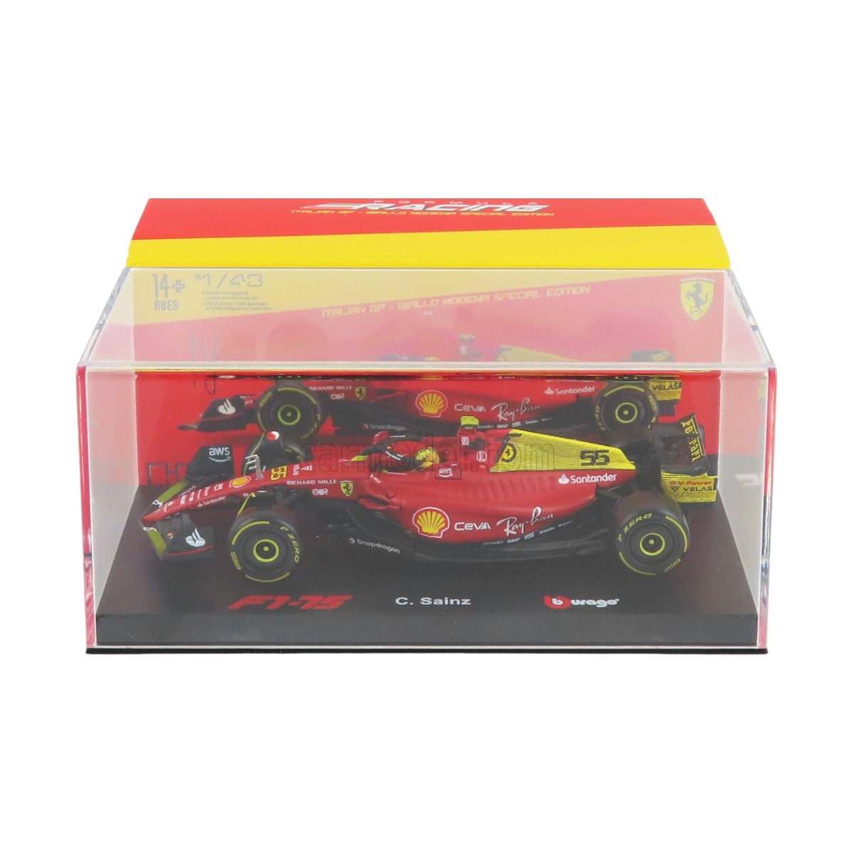 Auto Burago 1:43 Scuderia Ferrari <br>  F1-75 Carlos Sainz #55 <br> Caja Acrilica