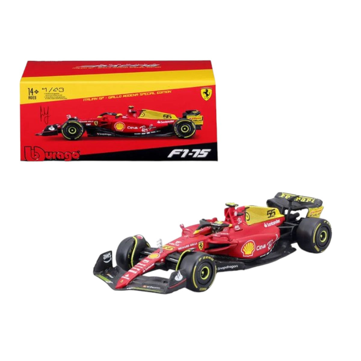 Auto Burago 1:43 Scuderia Ferrari <br>  F1-75 Carlos Sainz #55 <br> Caja Acrilica