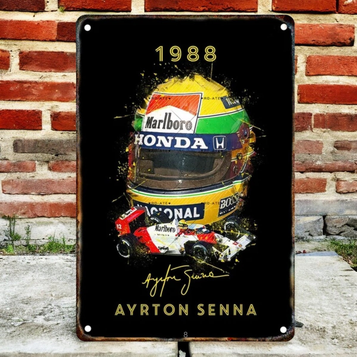 Placa Metálica Ayrton Senna <br> Campeón Mundial 1988 20x30cm
